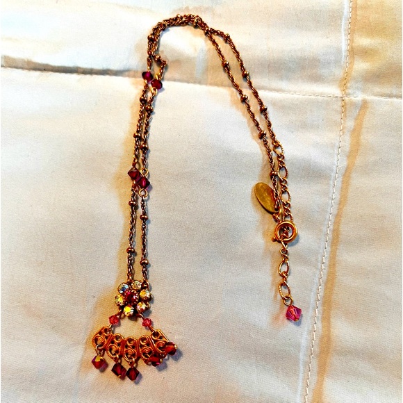 Liz Palacios Dainty Purple Swarovski Crystals Floral Necklace Antiqued Gold Tone - Picture 6 of 10